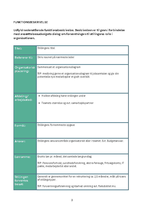 Beskrivelsen er til gavn i forbindelse med ansættelsesudvalgets dialog om forventningen til stillingens rolle i organisationen.